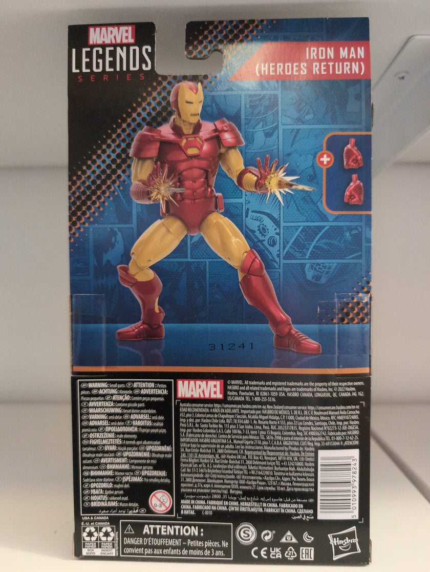 Iron Man Heroes Return Marvel Legends 6 inch action figure by Hasbro in red and gold armor with blast effects and accessories