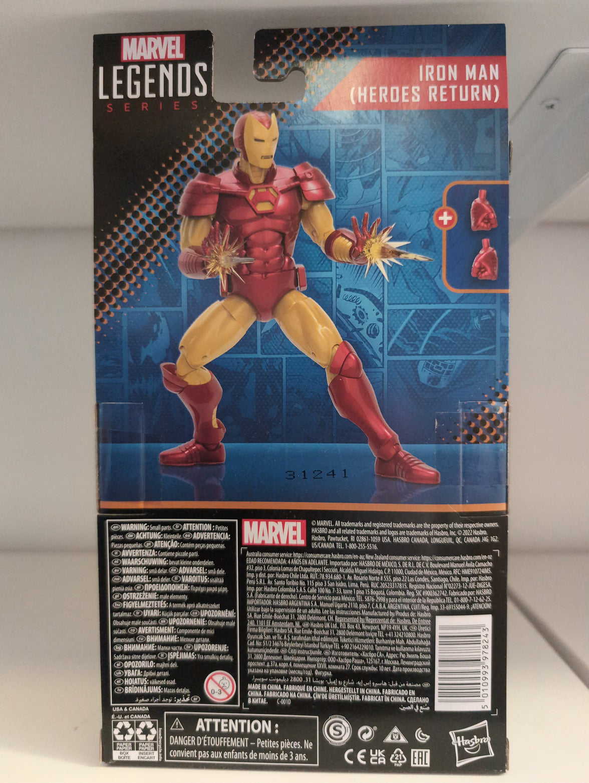 Iron Man Heroes Return Marvel Legends 6 inch action figure by Hasbro in red and gold armor with blast effects and accessories