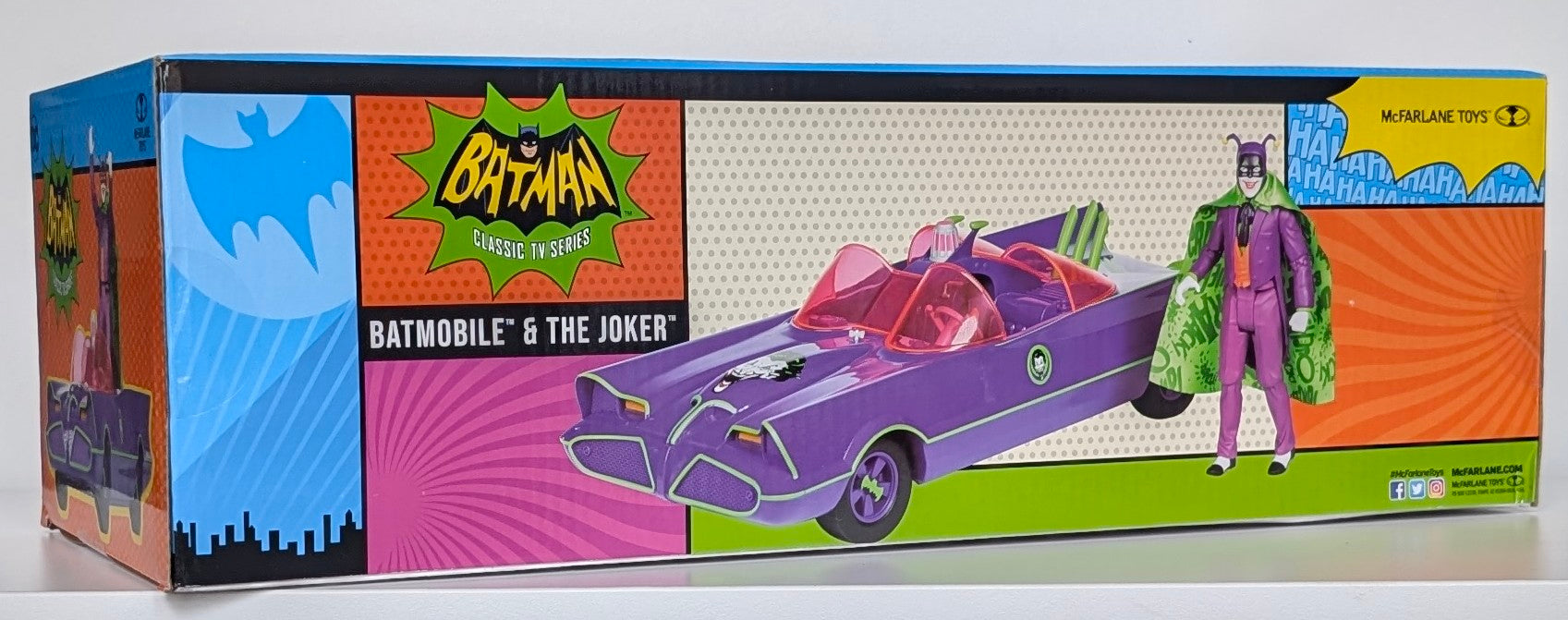 McFarlane Toys Batman '66 1/12 Scale Batmobile and Joker Batmobile with Joker figure in colorful box packaging