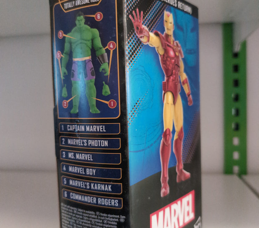 Hasbro Iron Man Heroes Return Marvel Legends 6 inch action figure packaging showing figure and Hulk build-a-figure details