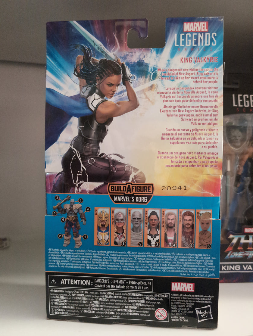 Hasbro Marvel Legends King Valkyrie action figure packaging with character story and Build-A-Figure pieces visible