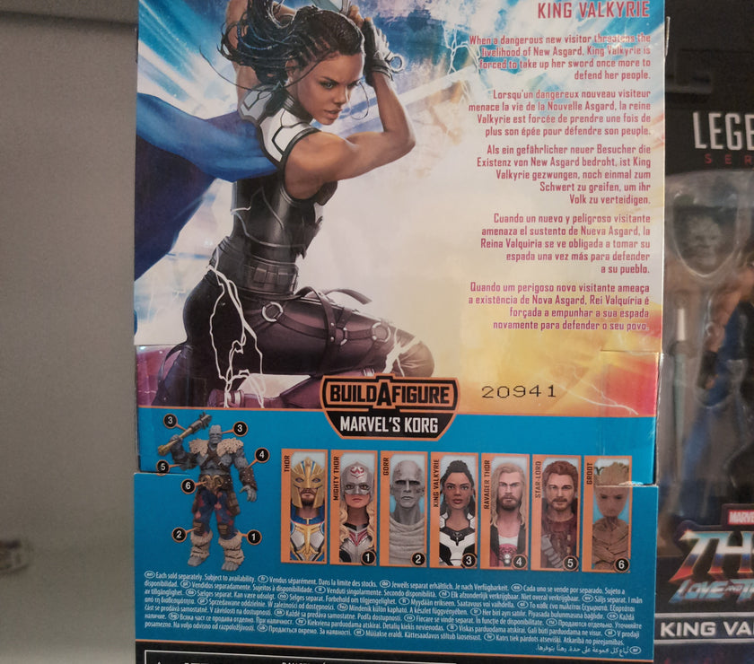 Hasbro Marvel Legends King Valkyrie action figure packaging with character story and Build-A-Figure pieces visible