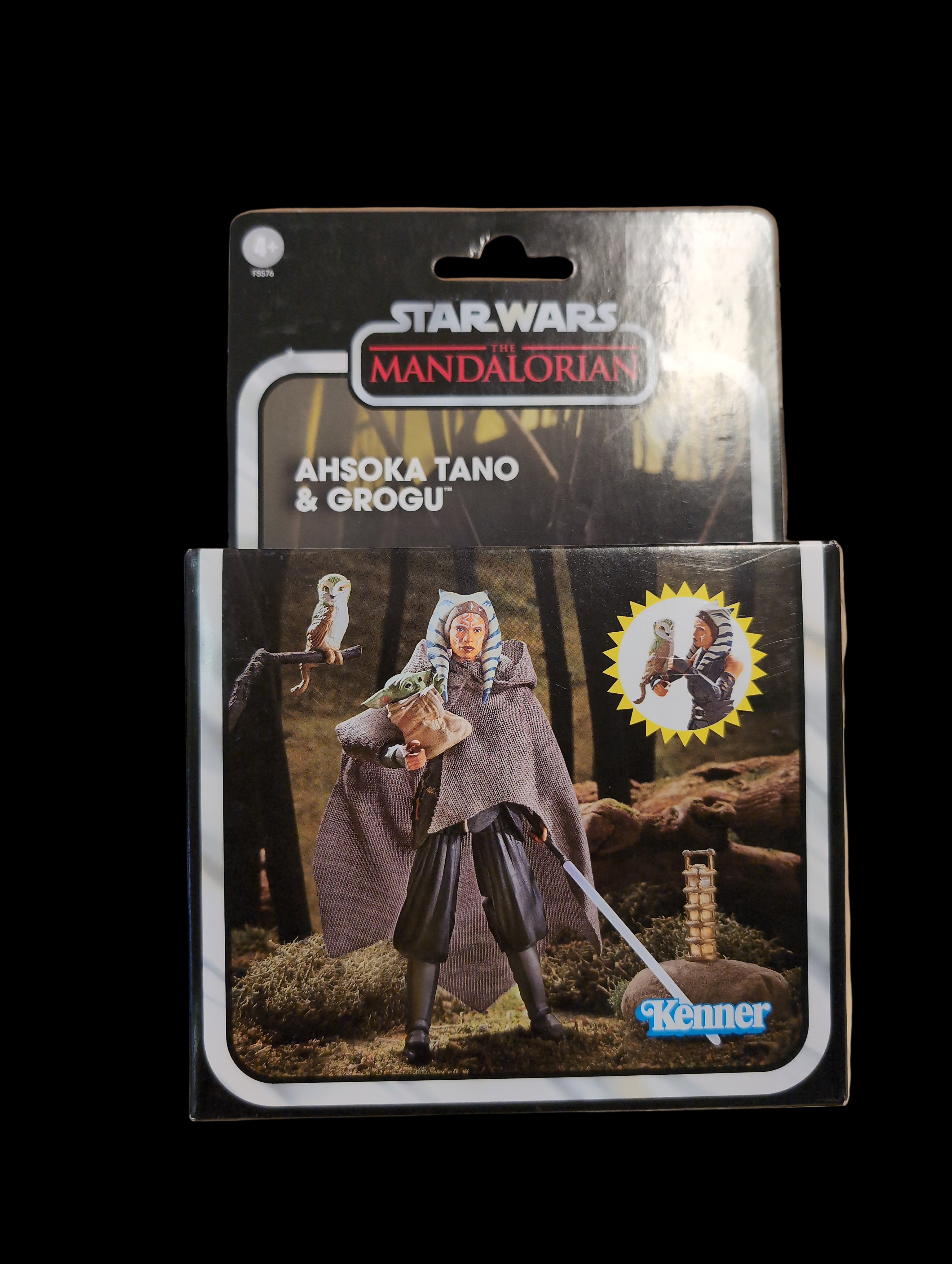 Kenner Star Wars Mandalorian Ahsoka Tano and Grogu action figure in vintage-inspired packaging