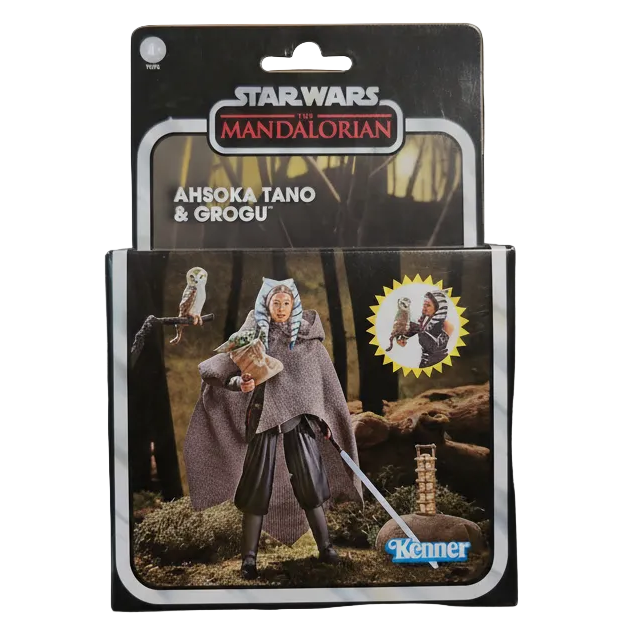Kenner Star Wars Vintage Collection Ahsoka Tano and Grogu action figure set in classic Mandalorian packaging
