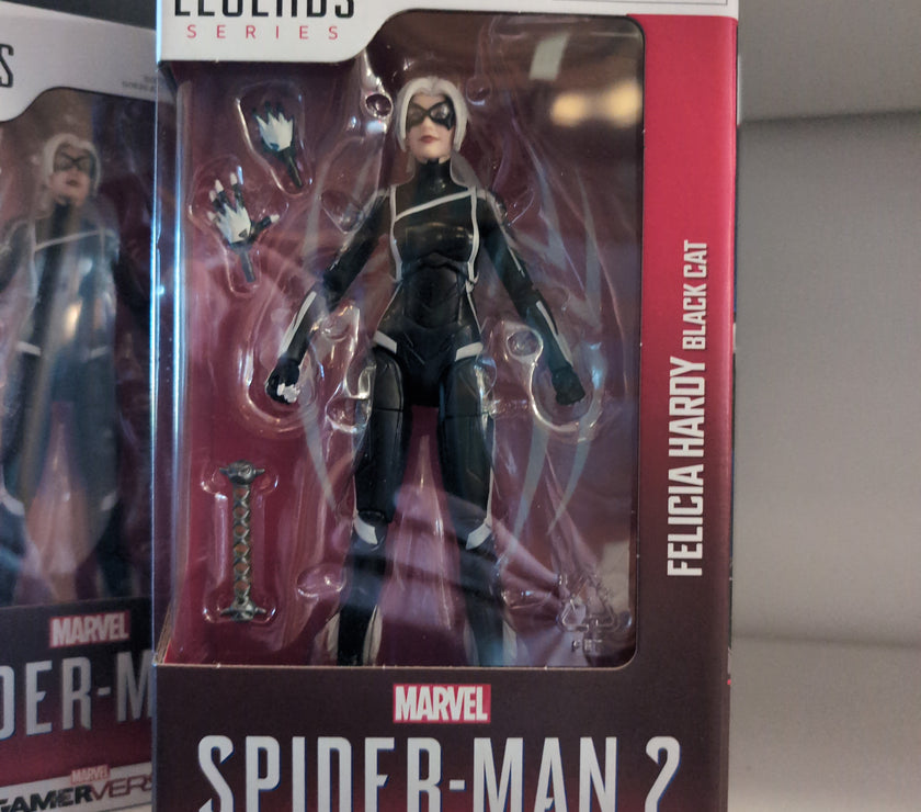 Hasbro Marvel Legends Felicia Hardy Black Cat action figure from Spider-Man 2 Gamerverse with accessories in window box.