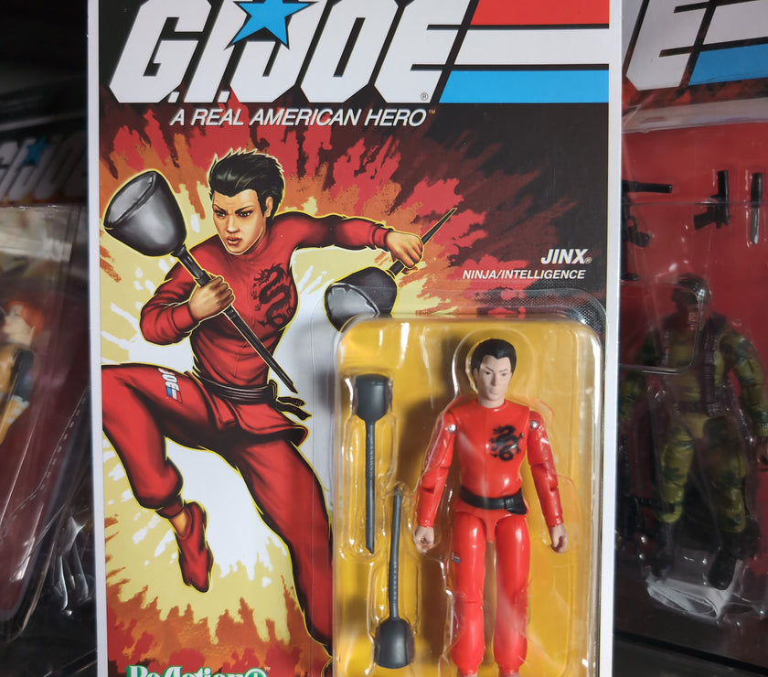 Hasbro G.I. Joe Jinx action figure in red ninja outfit with sparring batons in vintage style packaging