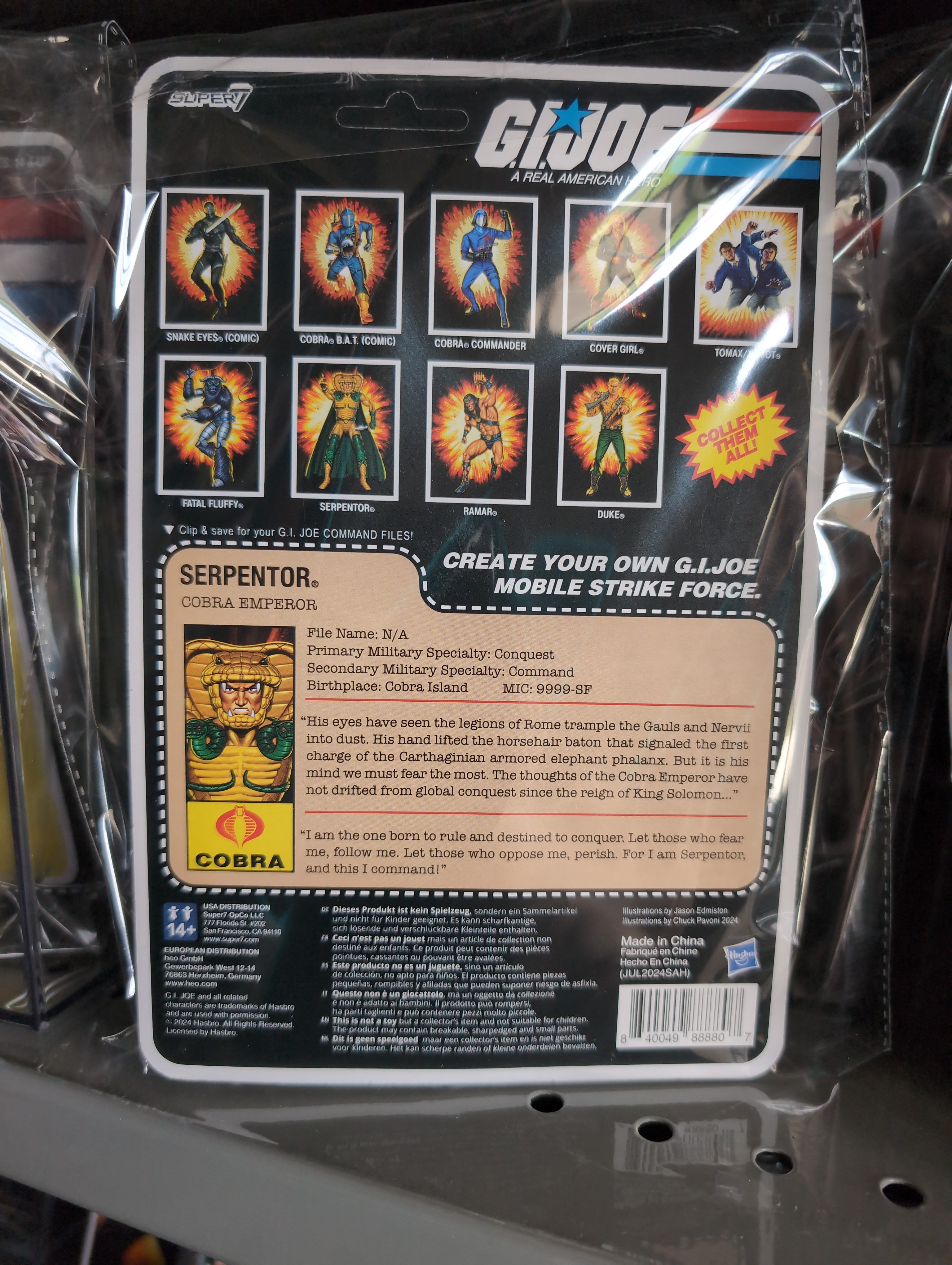 G.I. Joe Serpentor action figure packaging back with character bio by Super7 in vintage style