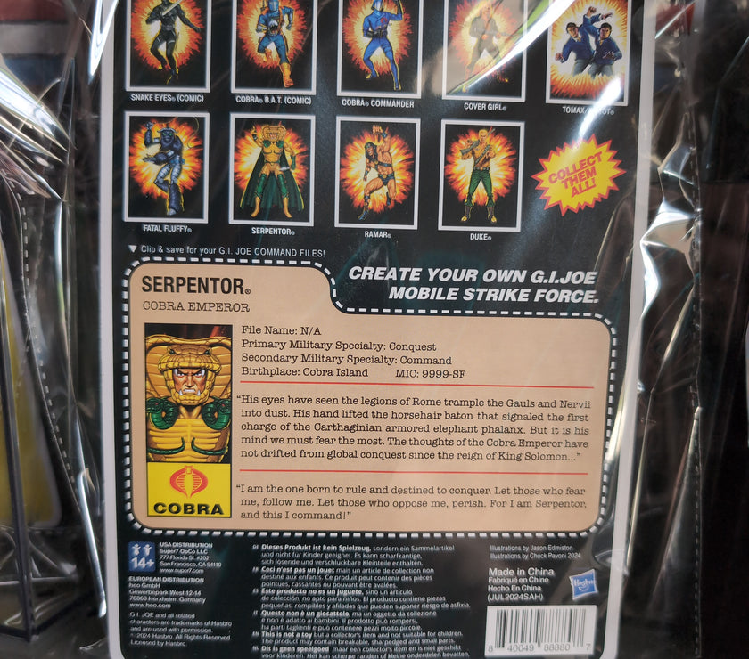 G.I. Joe Serpentor action figure packaging back with character bio by Super7 in vintage style