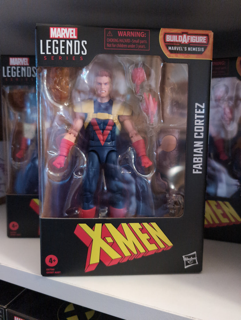 Hasbro Marvel Legends Fabian Cortez X-Men action figure in packaging with Build A Figure and accessories.