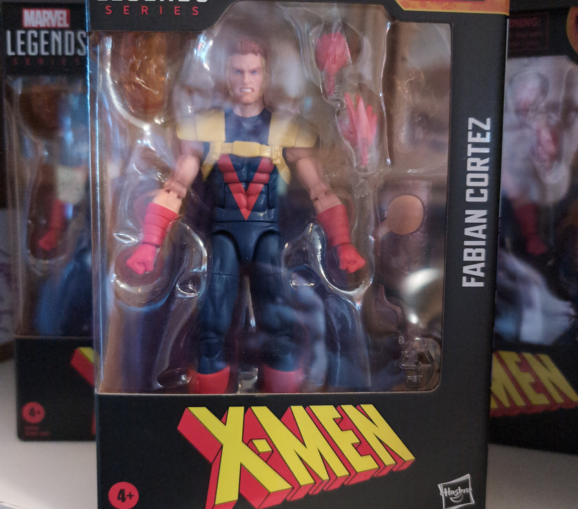 Hasbro Marvel Legends Fabian Cortez X-Men action figure in packaging with Build A Figure and accessories.