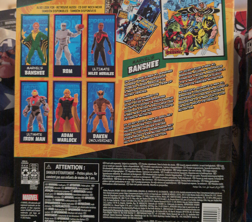 Hasbro Marvel Legends Banshee action figure packaging featuring characters and Giant-Size X-Men comic cover.