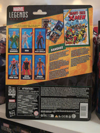Hasbro Marvel Legends Banshee action figure packaging featuring characters and Giant-Size X-Men comic cover.