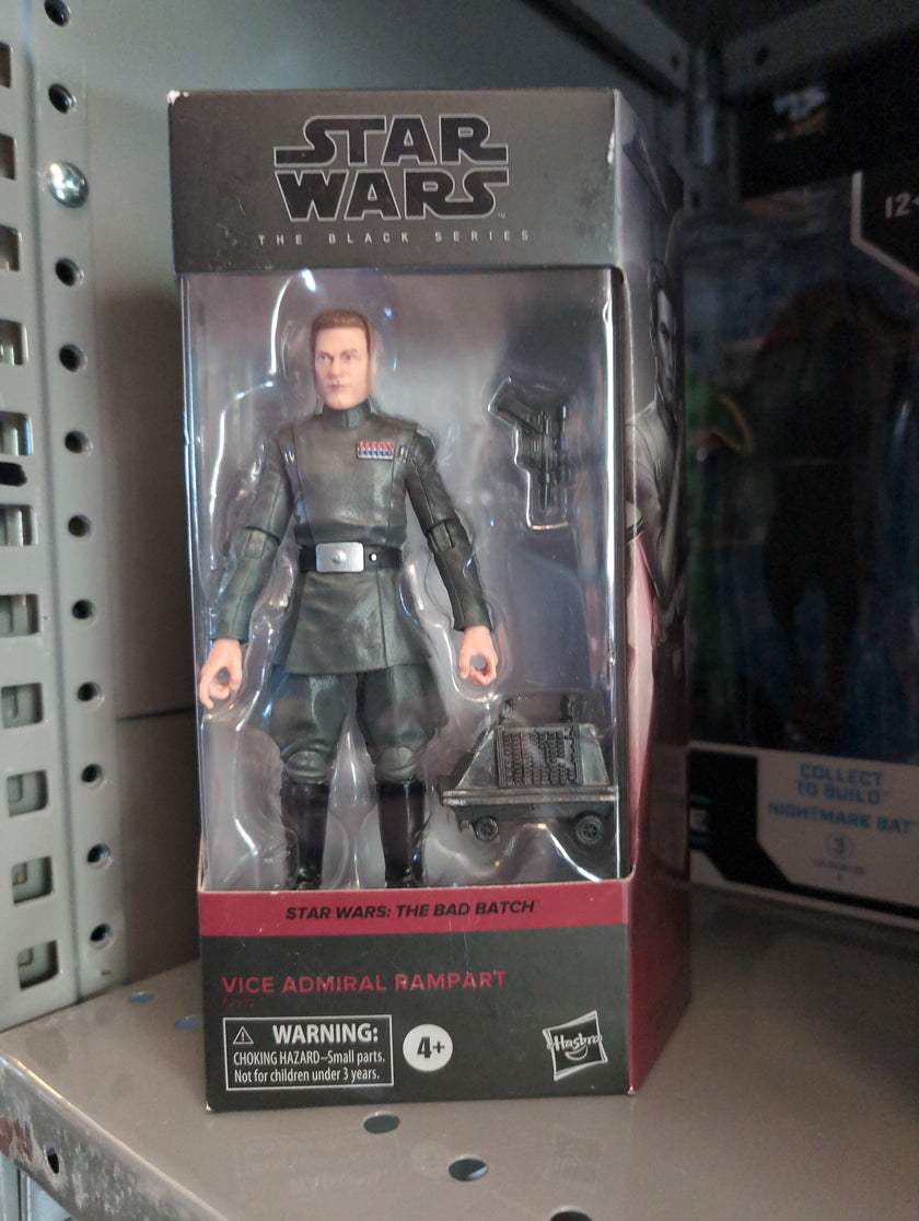 Hasbro Star Wars Black Series Vice Admiral Rampart action figure with blaster and Mouse Droid in packaging