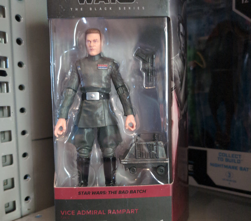 Hasbro Star Wars Black Series Vice Admiral Rampart action figure with blaster and Mouse Droid in packaging