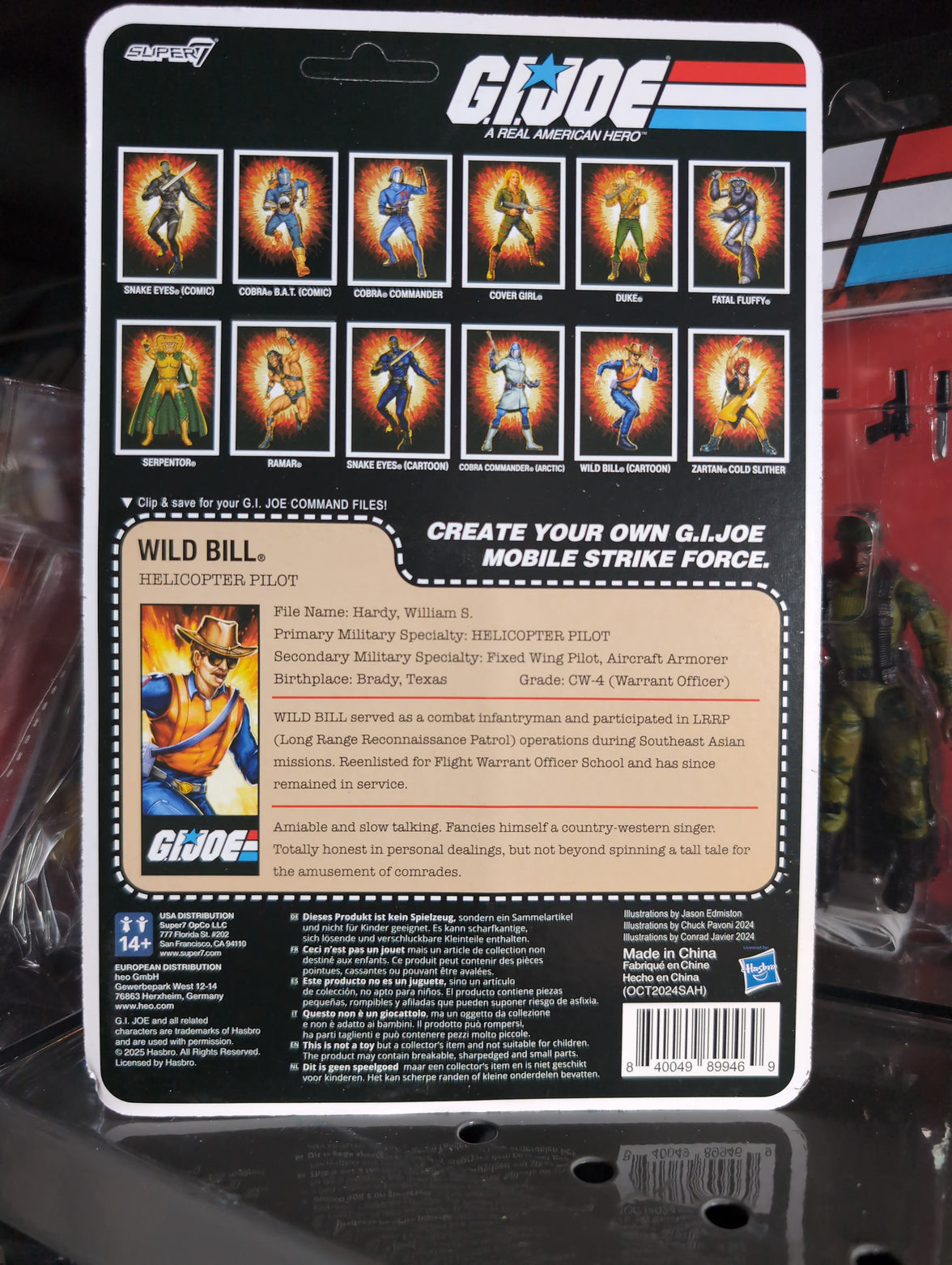 Hasbro G.I. Joe Wild Bill action figure packaging back with character bio and lineup of figures from ReAction Plus series.