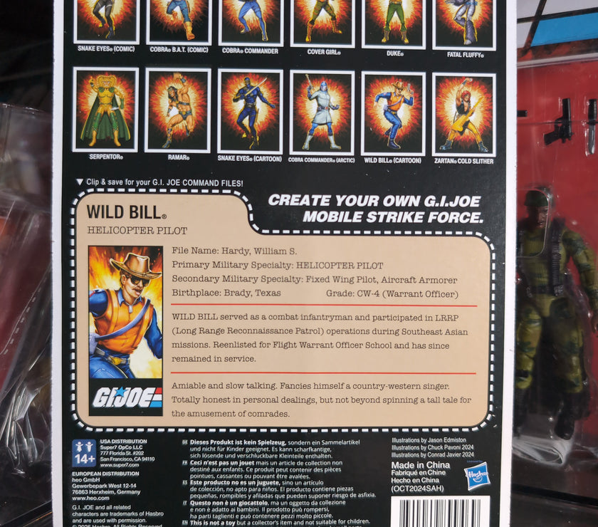 Hasbro G.I. Joe Wild Bill action figure packaging back with character bio and lineup of figures from ReAction Plus series.