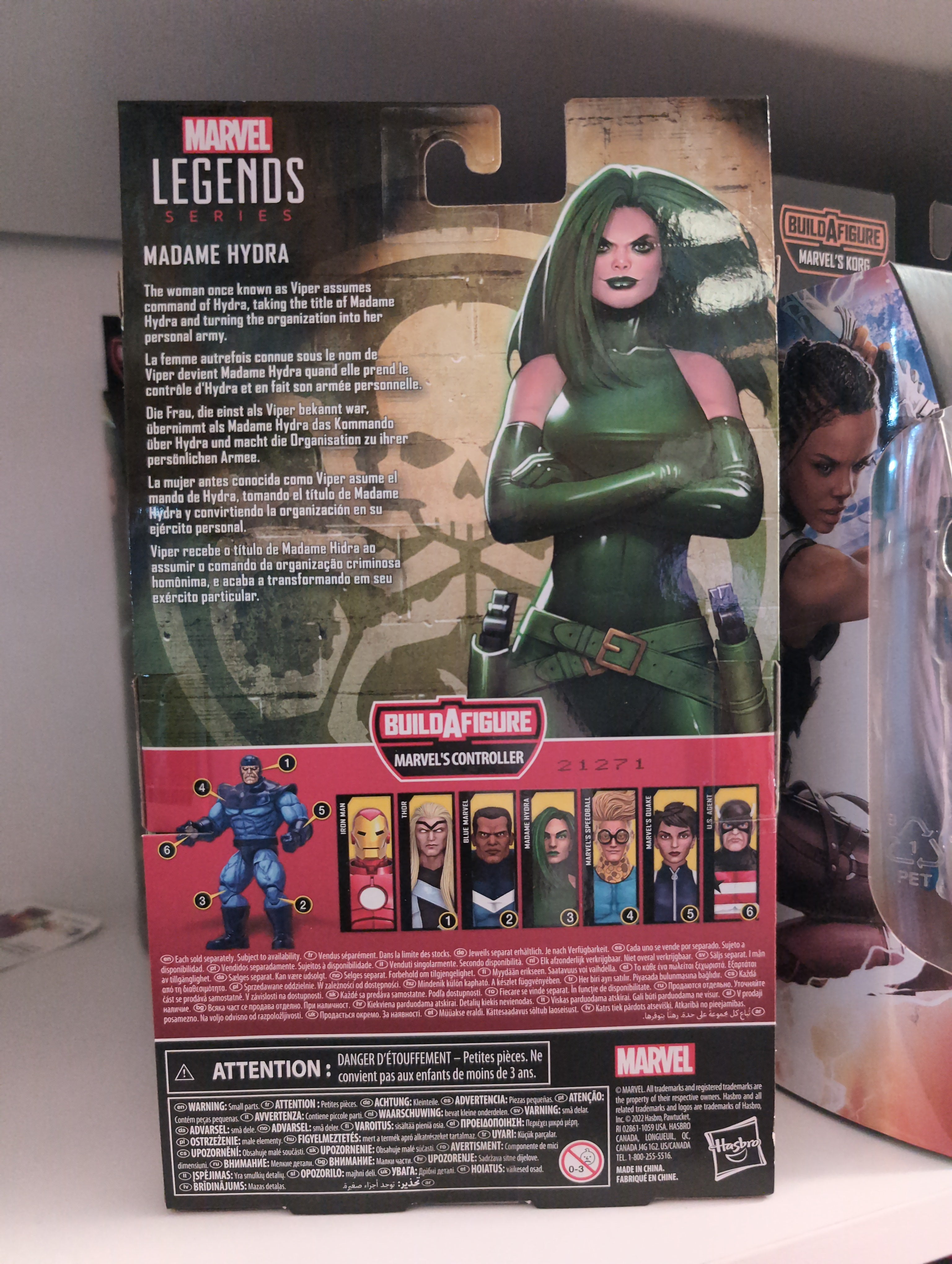 Back of Hasbro Marvel Legends Madame Hydra action figure packaging with character bio and Build-A-Figure details