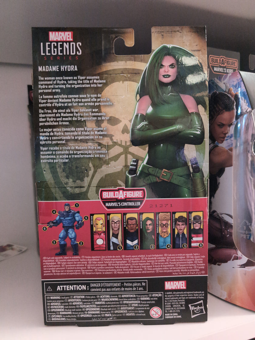 Back of Hasbro Marvel Legends Madame Hydra action figure packaging with character bio and Build-A-Figure details