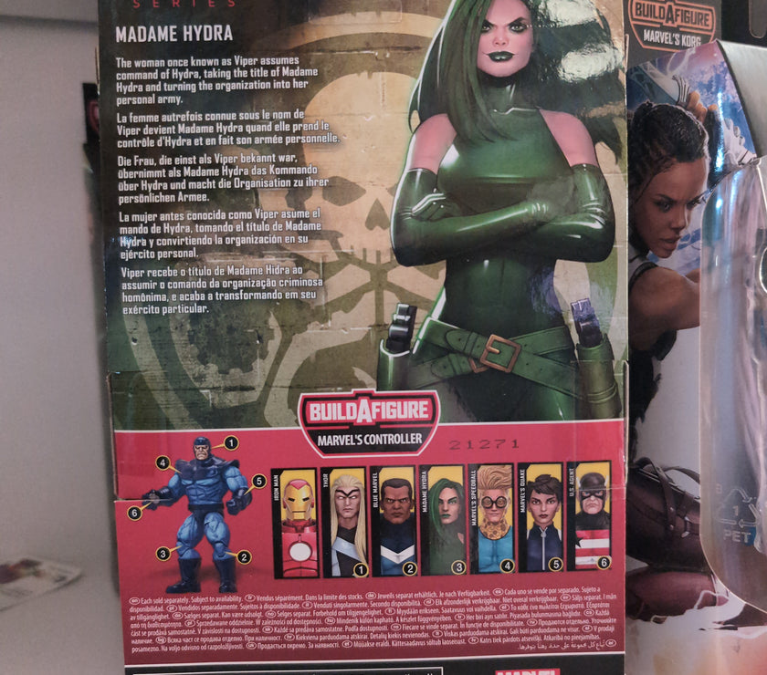 Back of Hasbro Marvel Legends Madame Hydra action figure packaging with character bio and Build-A-Figure details