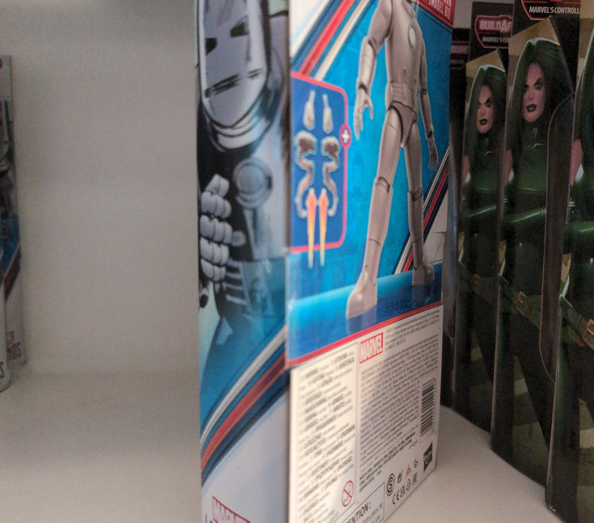Marvel Legends Hasbro Iron Man Model 01 action figure in box showing accessories and detailed packaging side view