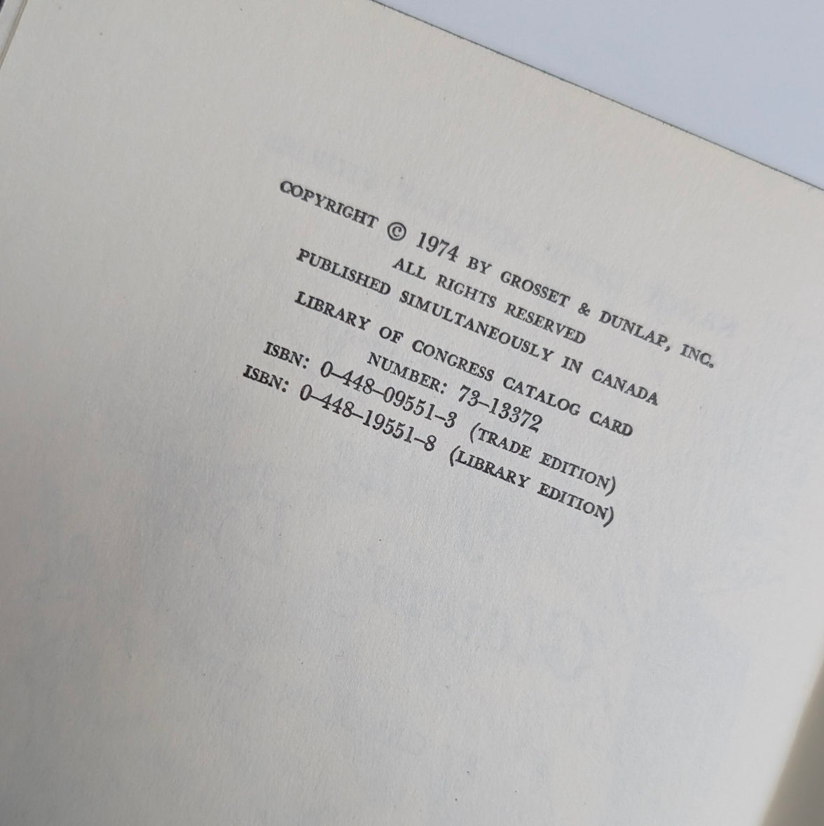 Copyright page of 1974 Grosset & Dunlap, Inc. edition of Nancy Drew Mystery of the Glowing Eye book