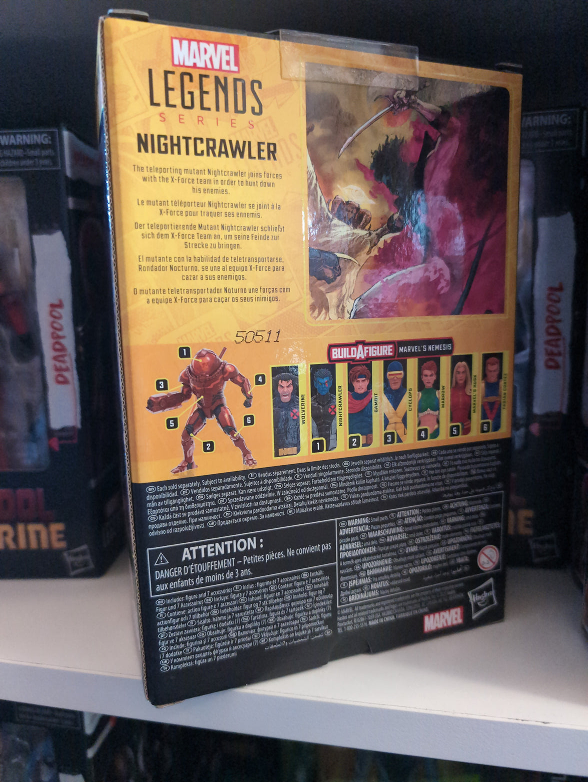 Back of Marvel Legends Nightcrawler action figure packaging by Hasbro showing character info and Build-A-Figure parts.