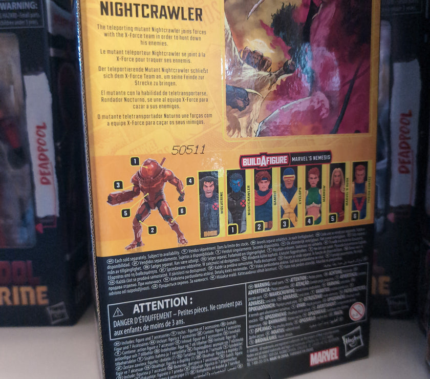 Back of Marvel Legends Nightcrawler action figure packaging by Hasbro showing character info and Build-A-Figure parts.
