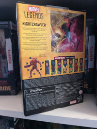 Back of Marvel Legends Nightcrawler action figure packaging by Hasbro showing character info and Build-A-Figure parts.