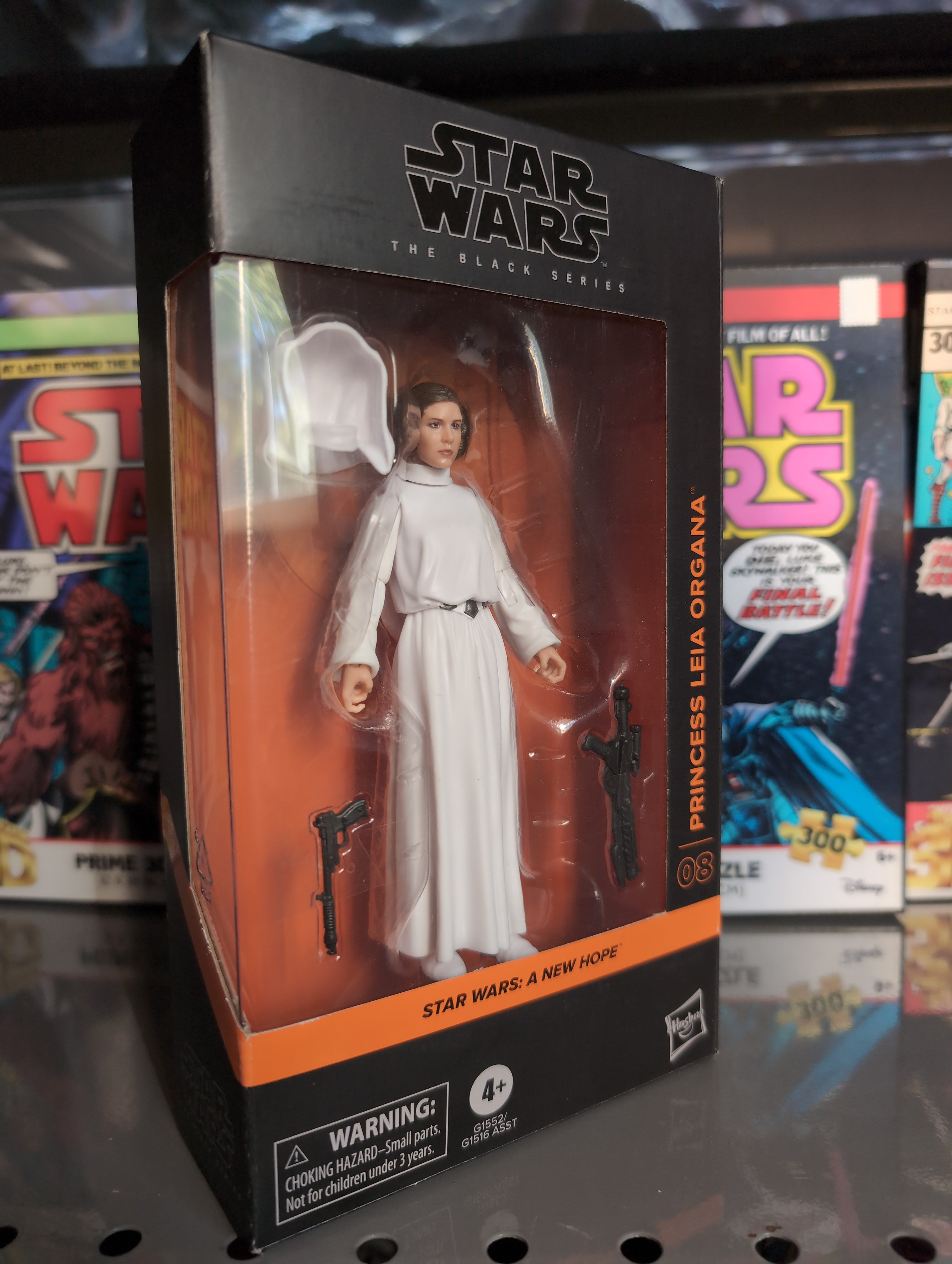 Hasbro Star Wars Black Series Princess Leia Organa action figure in white robe from A New Hope film.