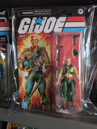 GI Joe Duke action figure with weapons in retro Hasbro packaging featuring classic 1980s design and branding.