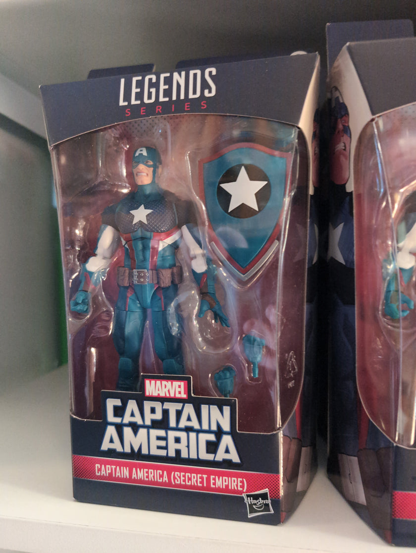 Hasbro Marvel Legends Captain America Secret Empire action figure with shield and extra hands in packaging