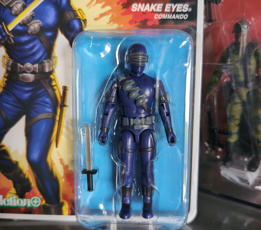 Hasbro Snake Eyes Commando blue G.I. Joe action figure with sword in vintage style packaging