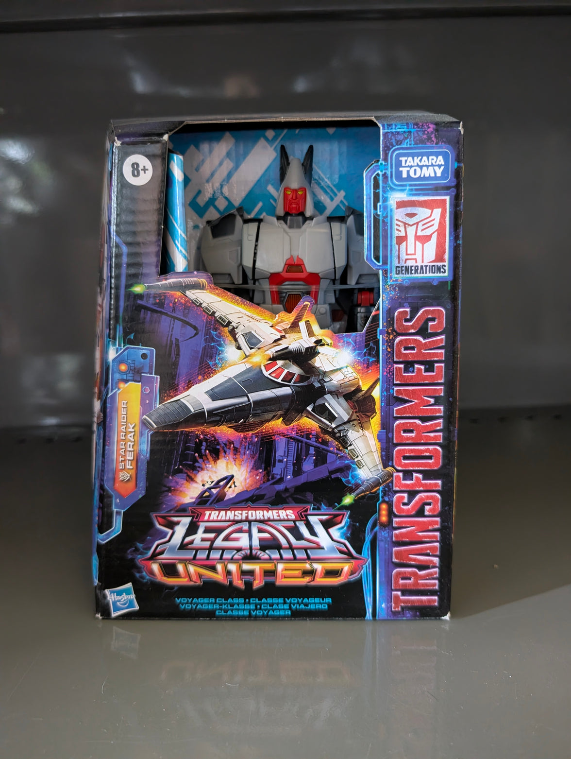 Voyager Star Raider Transformers Legacy United Collectable Action Figure by Hasbro in original packaging for ages 8 and up.