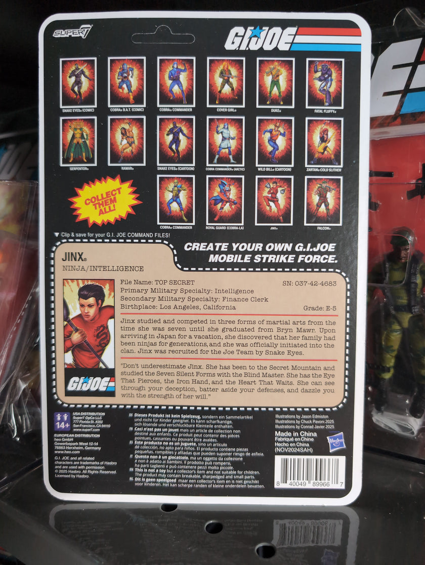 Hasbro GI Joe Jinx action figure packaging showing character profile and collectible card back design.