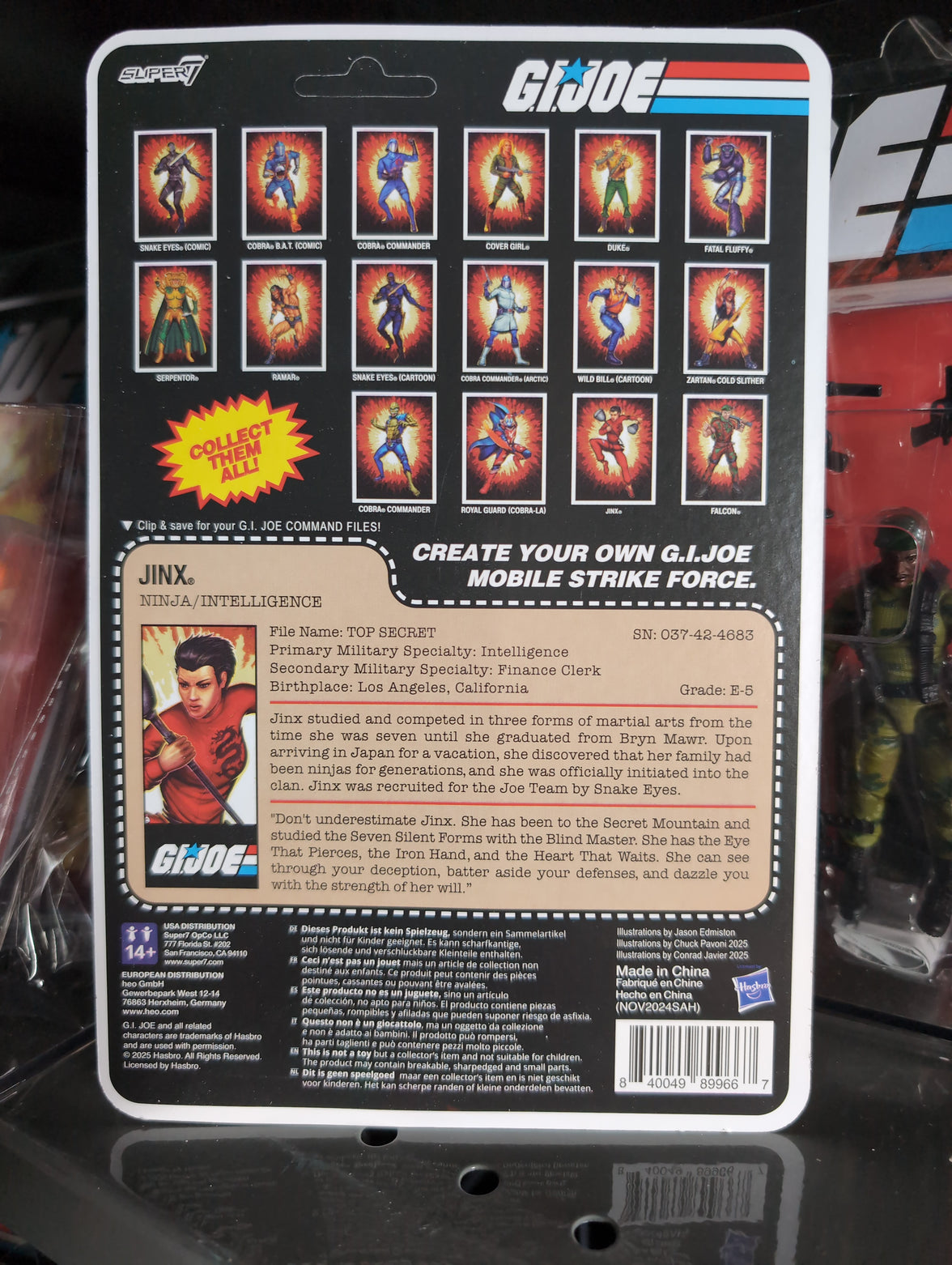 Hasbro GI Joe Jinx action figure packaging showing character profile and collectible card back design.
