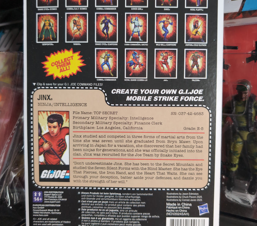 Hasbro GI Joe Jinx action figure packaging showing character profile and collectible card back design.