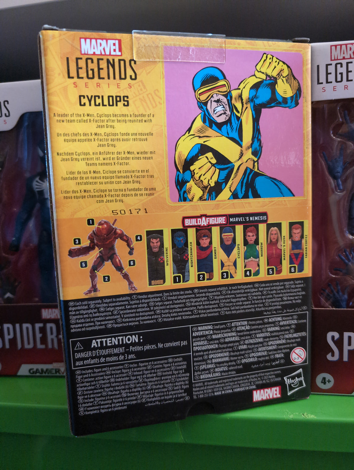 Hasbro Marvel Legends Cyclops action figure packaging showing character art and collectible details.
