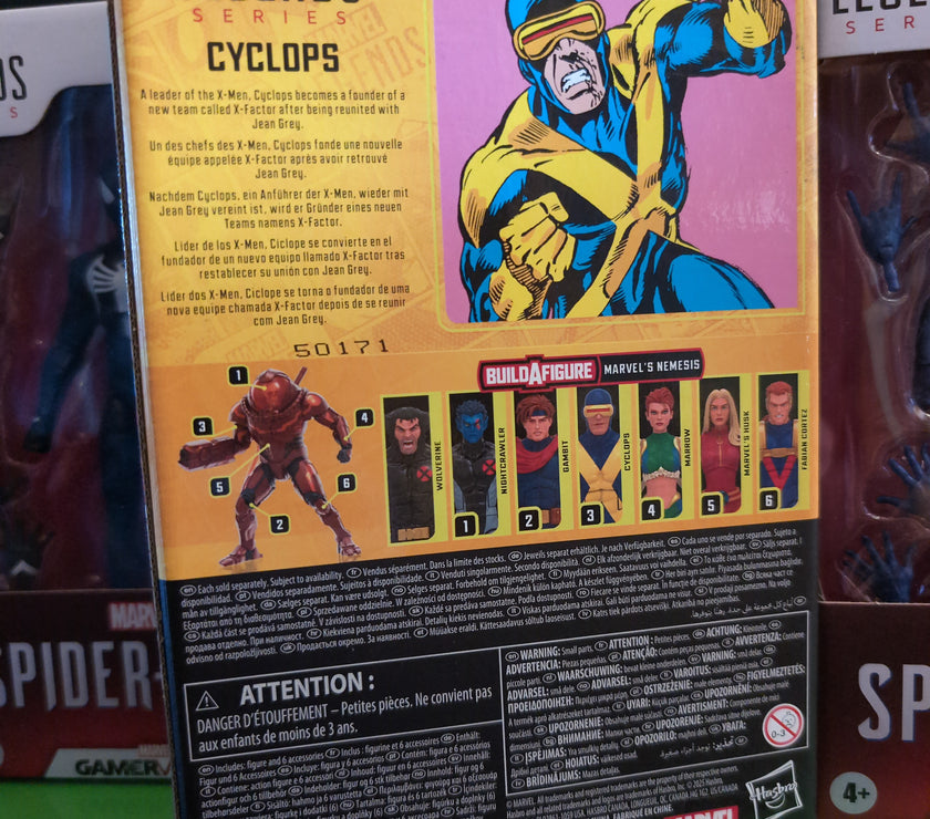 Hasbro Marvel Legends Cyclops action figure packaging showing character art and collectible details.