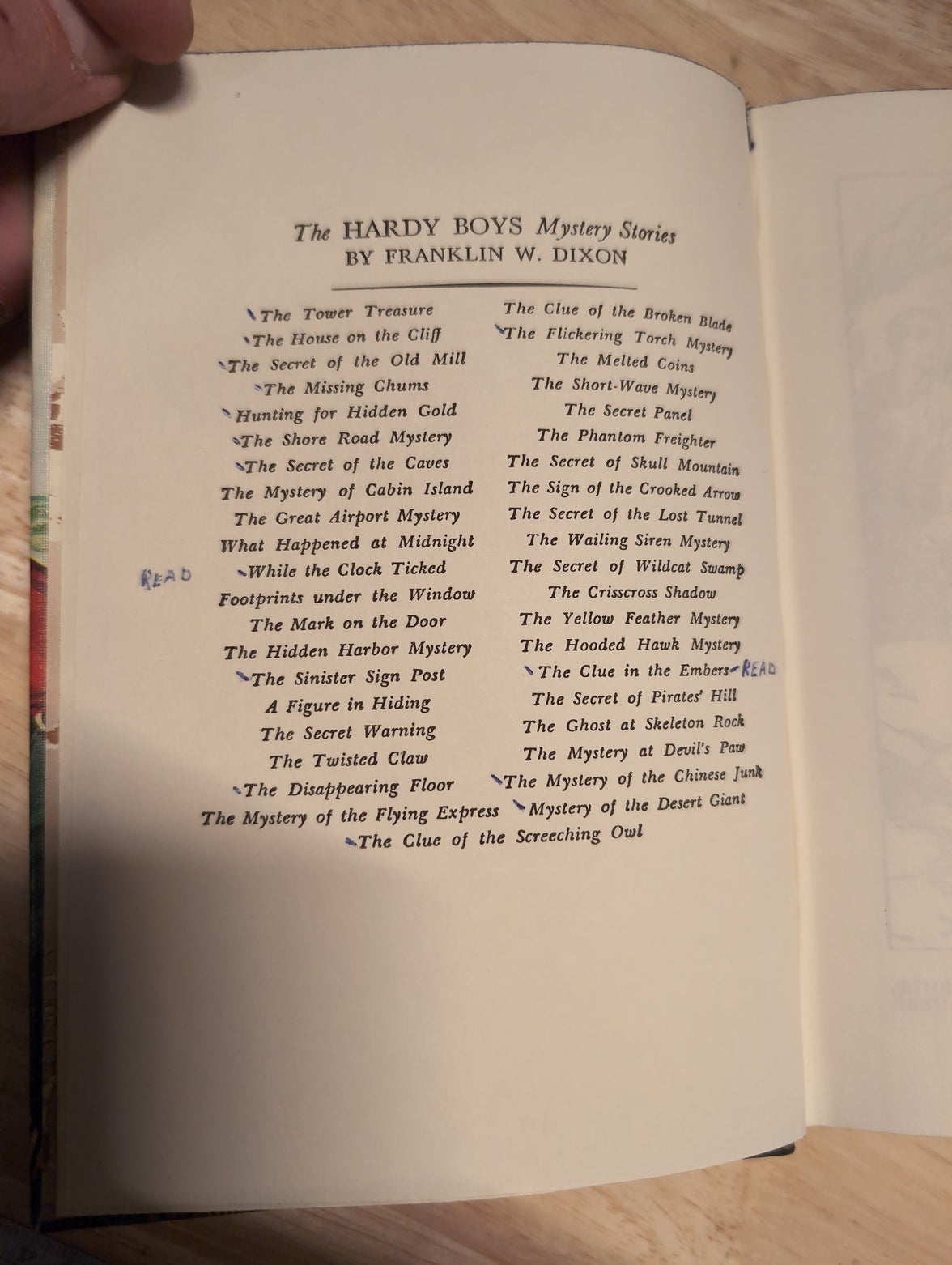 Vintage Hardy Boys book page showing list of mystery titles by Franklin W. Dixon, Grosset & Dunlap, Inc. edition
