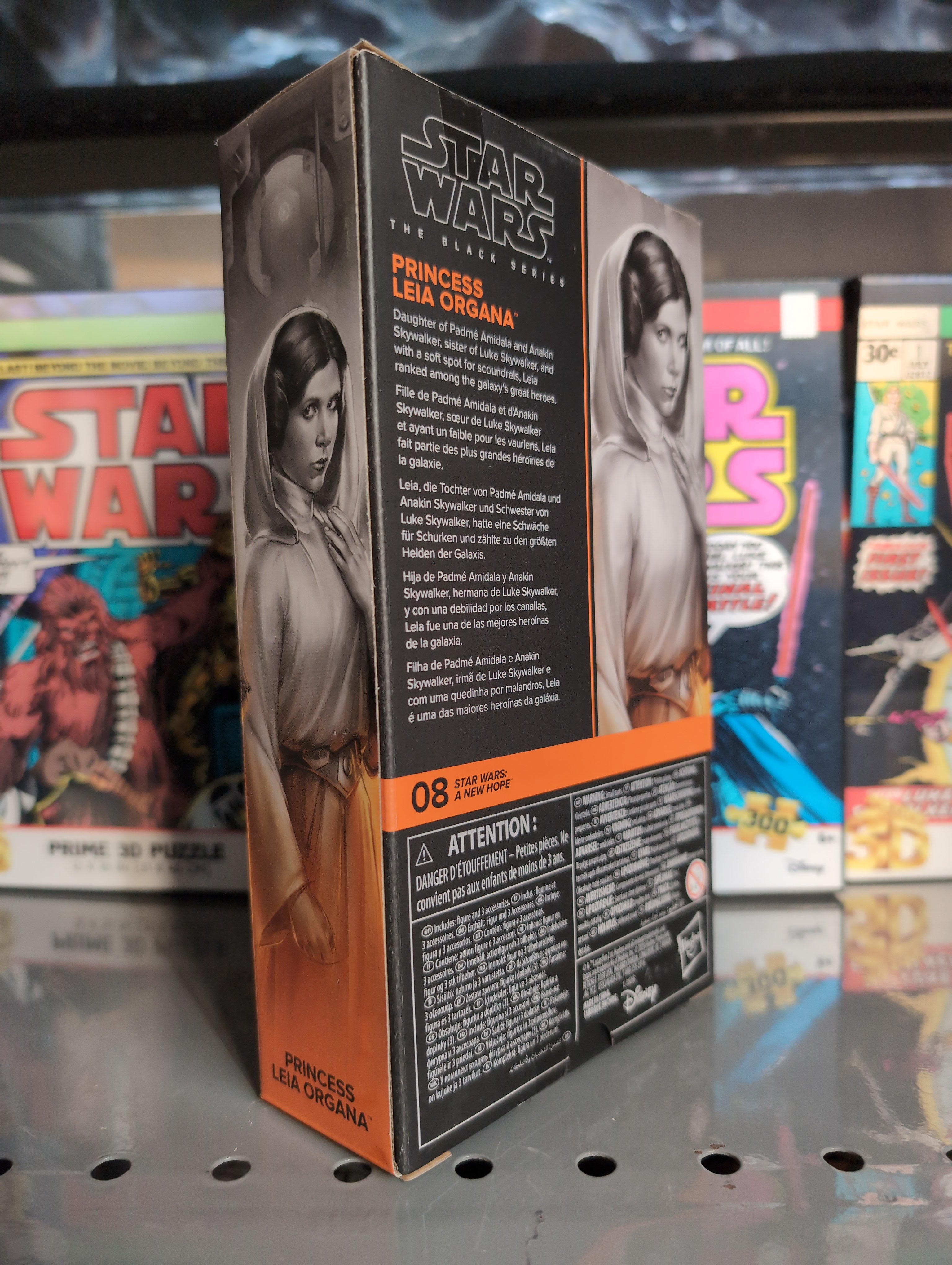 Hasbro Star Wars Black Series Princess Leia Organa action figure packaging showing character details and artwork