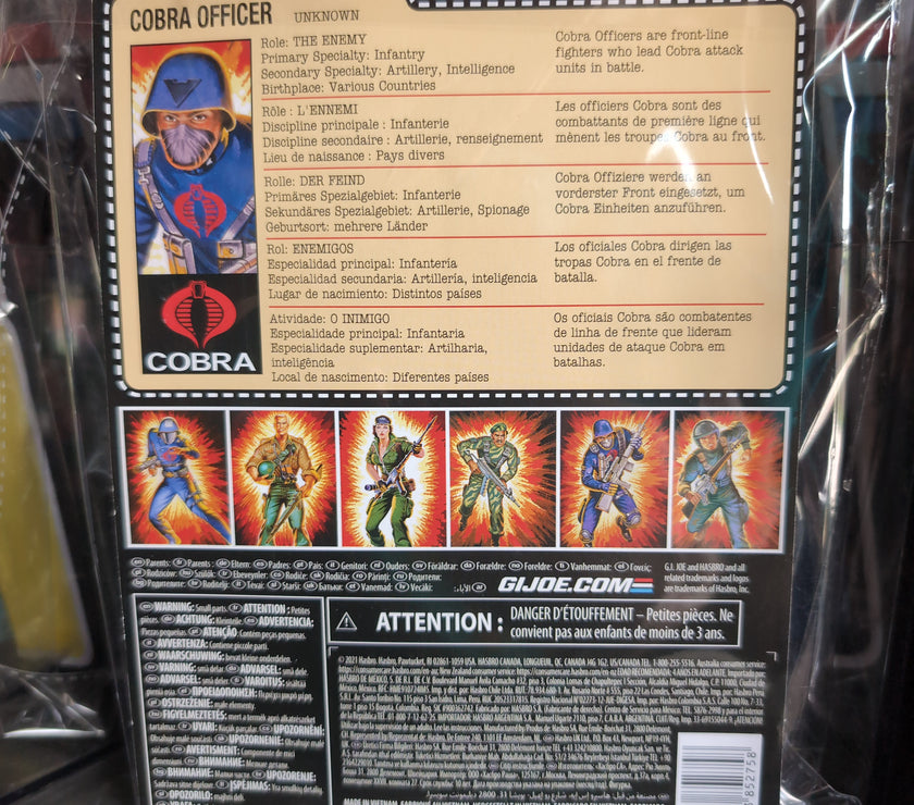 Hasbro GI Joe Cobra Officer action figure package back with character info and retro artwork in plastic wrap