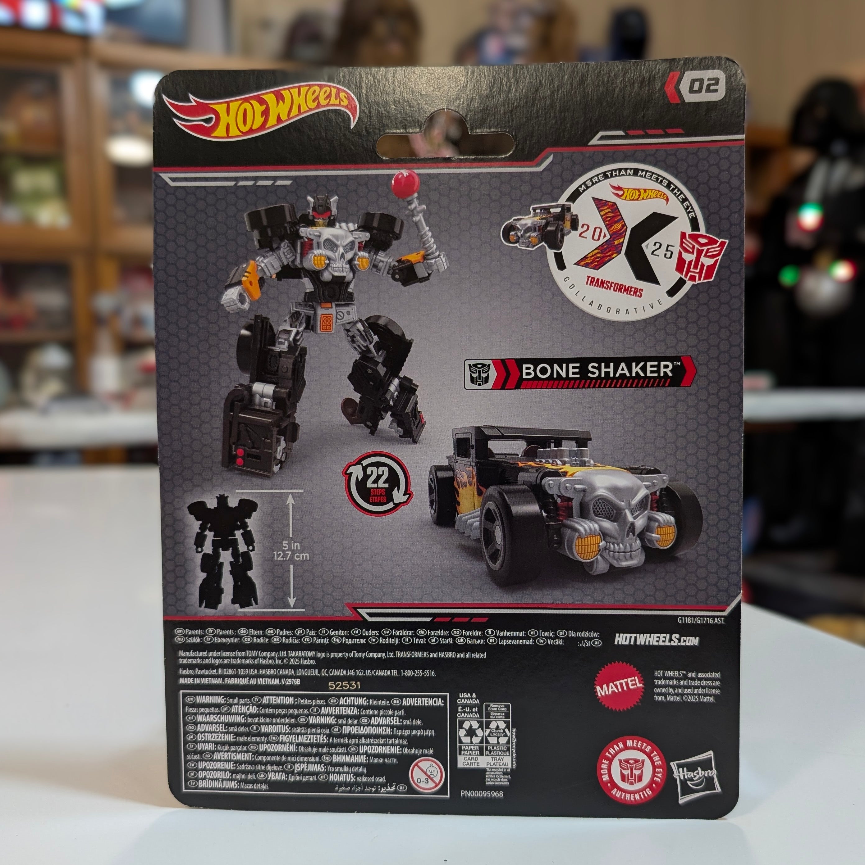 Transformers Hot Wheels x Hasbro Bone Shaker action figure packaging showing robot and car modes in collectible box design
