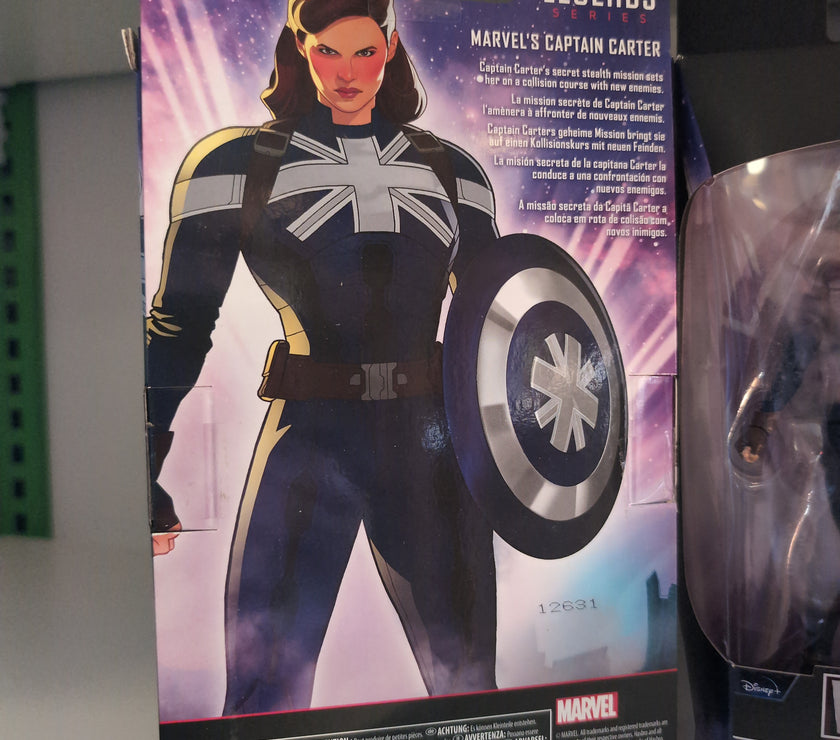 Marvel Legends Captain Carter stealth suit 6-inch action figure packaging by Hasbro shown on shelf