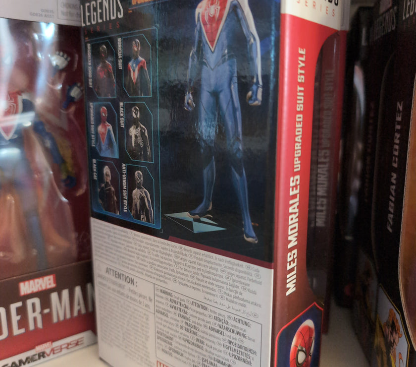 Hasbro Marvel Legends Gamerverse Miles Morales Upgraded Suit action figure packaging showing detailed design and accessories.