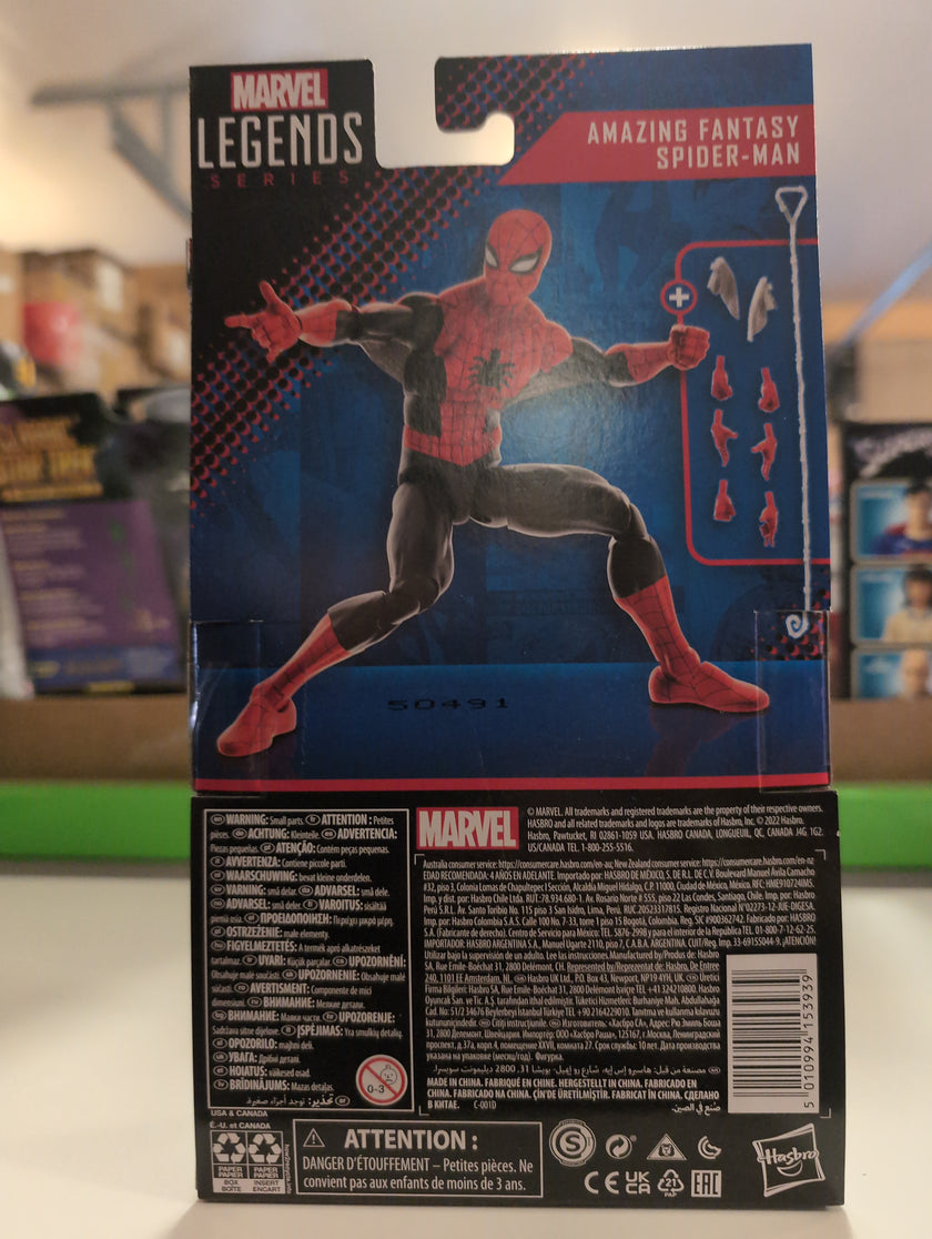 Hasbro Marvel Legends Amazing Fantasy Spider-Man action figure with multiple hands and web accessory in packaging