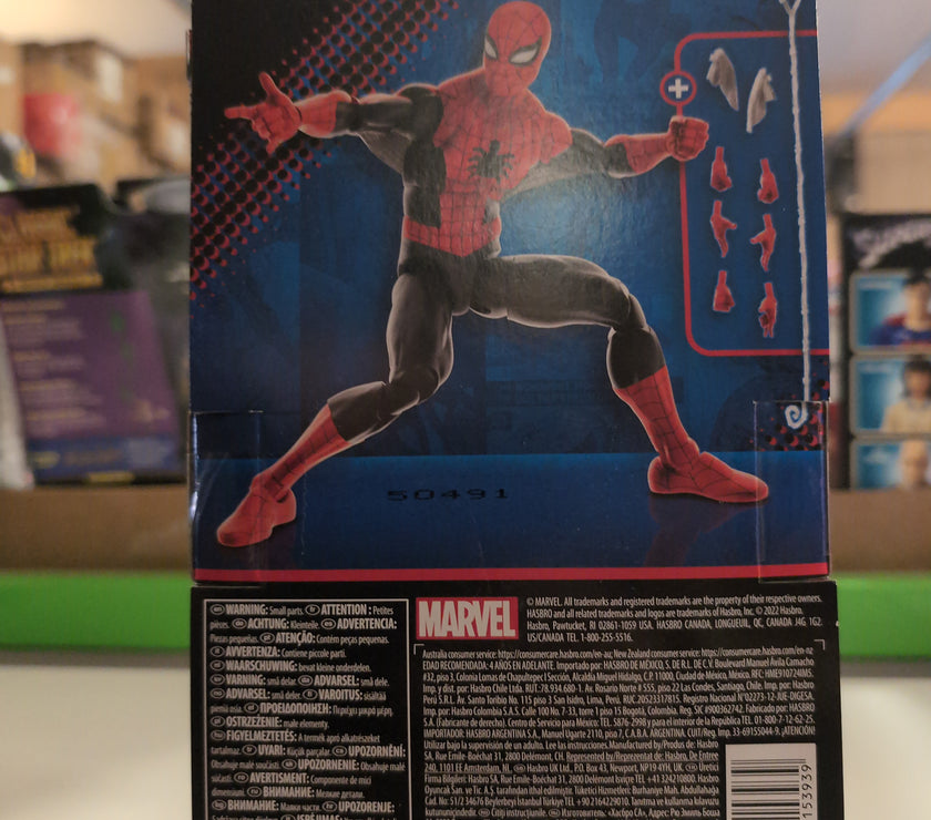 Hasbro Marvel Legends Amazing Fantasy Spider-Man action figure with multiple hands and web accessory in packaging