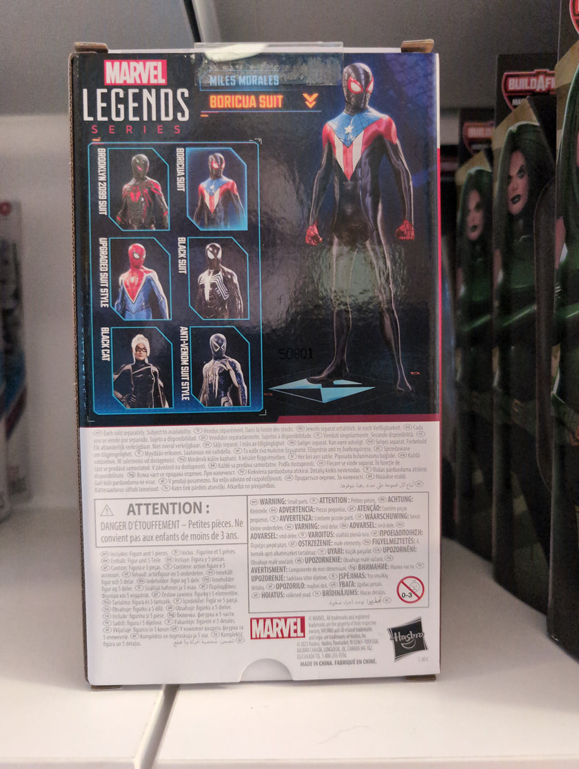 Marvel Legends Hasbro Miles Morales Boricua Suit action figure box back with character images and details