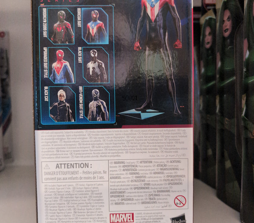 Marvel Legends Hasbro Miles Morales Boricua Suit action figure box back with character images and details