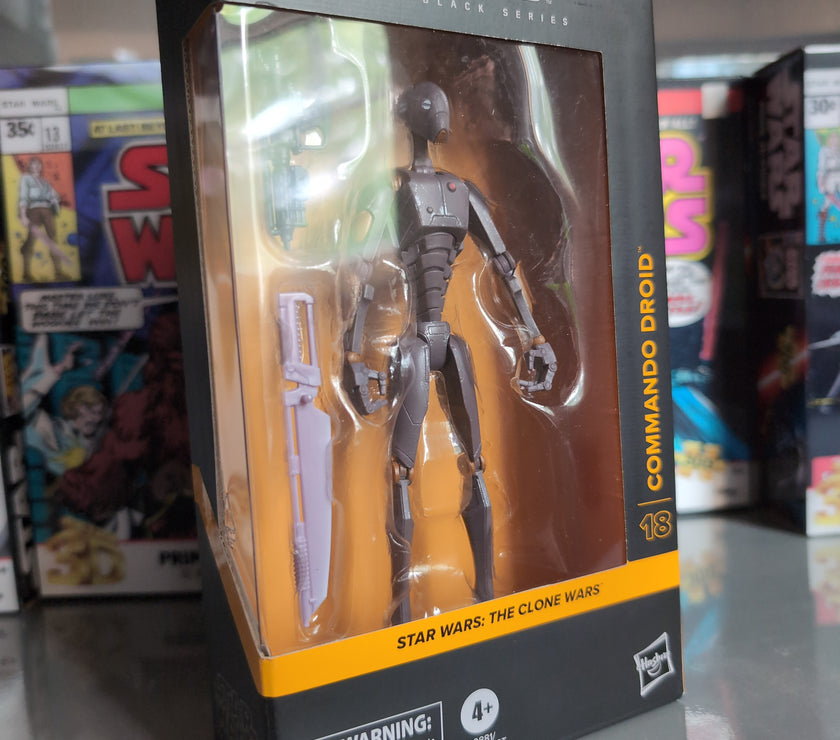 Hasbro Star Wars Black Series 1:12 scale Commando Droid action figure with weapons in window box packaging