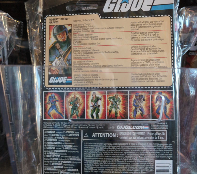 Back of Hasbro GI Joe Robert "Grunt" Graves O-Ring action figure packaging with character details and warnings